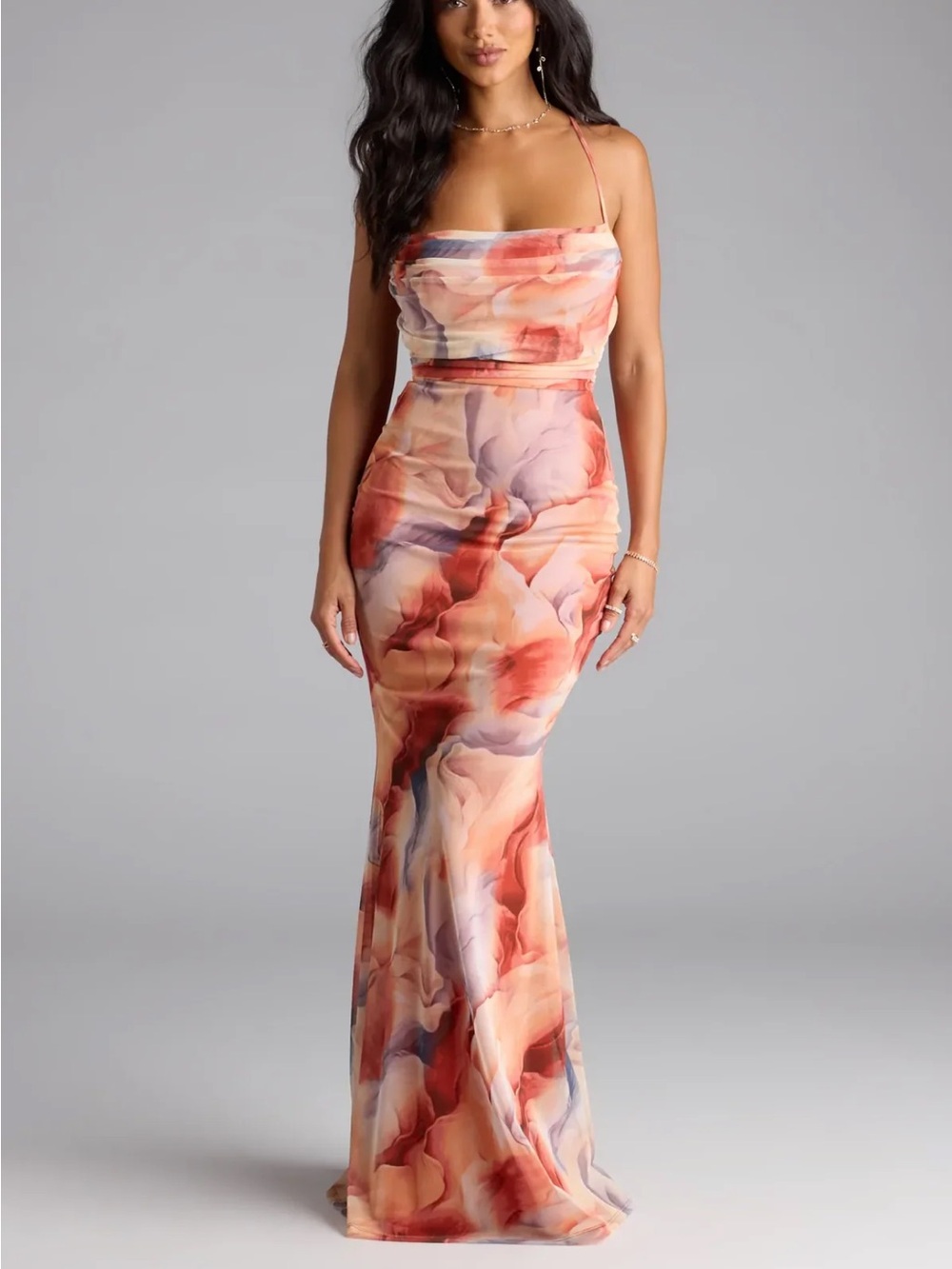 Windsor Coral and Lavender Marble-Print Maxi Dress